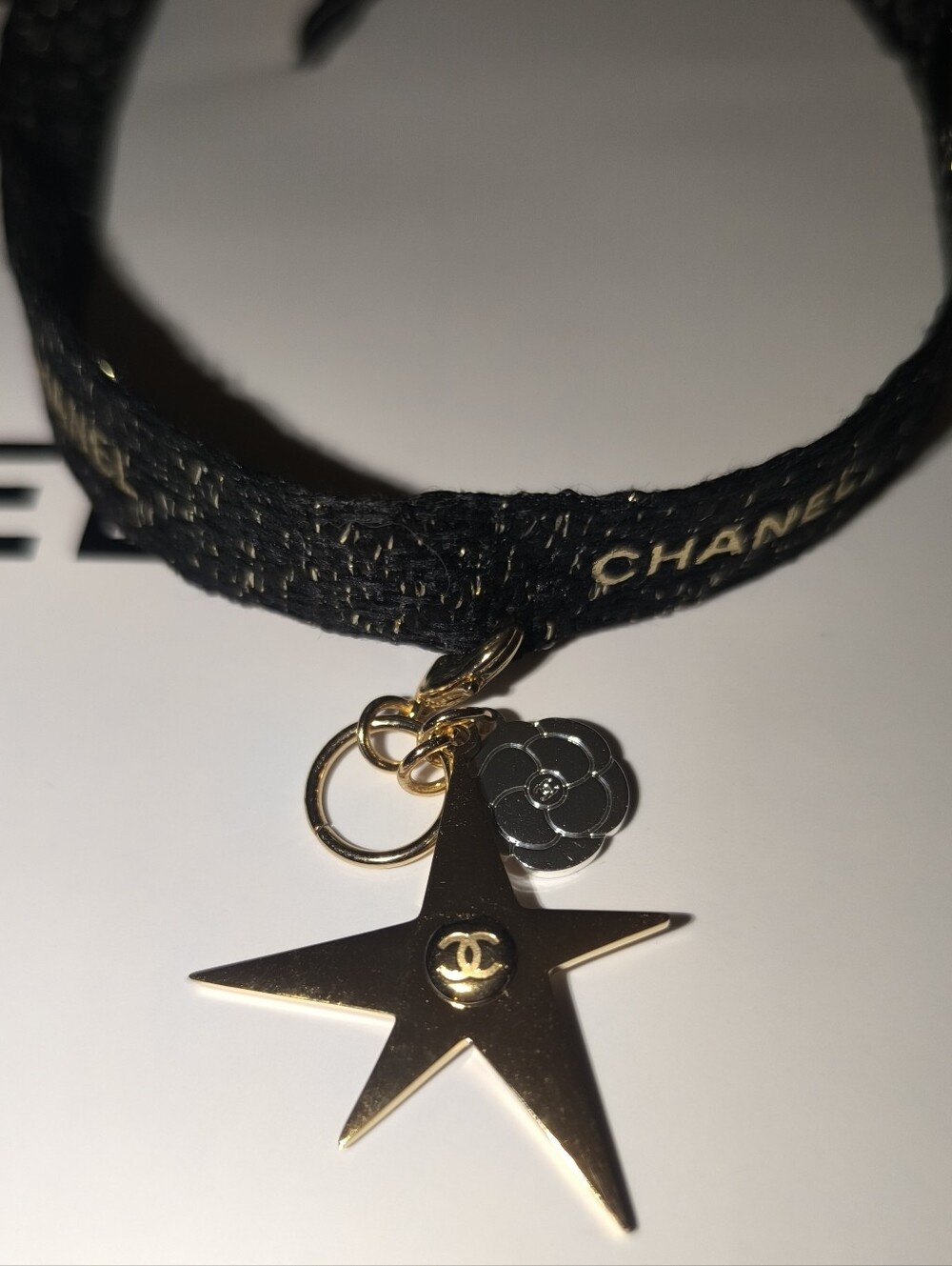 Chanel Comete Star Camelia Charm On Limited  Edition Ribbon Necklace Choker